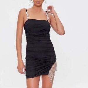 Forever 21 Black Ruched Mini Dress with Chain Fringe Detail